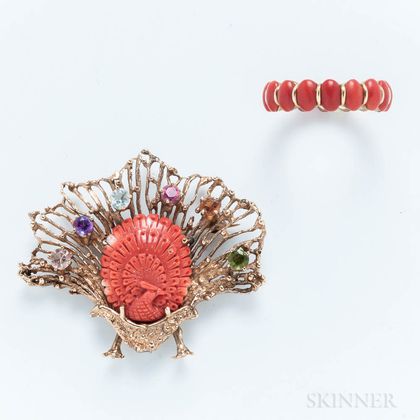 14kt Gold, Coral, and Gem-set Peacock Brooch and a 14kt Gold and Coral Ring
