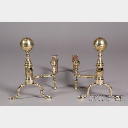Pair of Brass and Iron Belted Ball-top Andirons