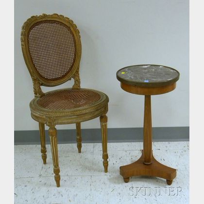 French Empire-style Brass-mounted Marble-top Mahogany Stand and a Louis XVI Style Gold-painted Carved Wood Side... 