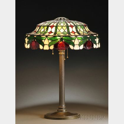 Leaded Mosaic Red Blossom Table Lamp, Possibly Suess