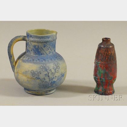 Delft Iridescent Drip Glaze Art Porcelain Vase and an Early Rookwood Pottery Jug