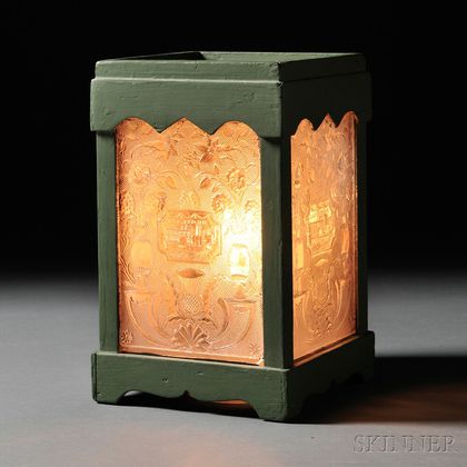 Lantern with Four Colorless Pressed Lacy Glass Panes with Steamboat and Thistle