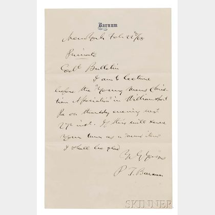 Barnum, Phineas T. (1818-1891) Autograph Note Signed, New York, 22 February 1868.