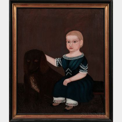 American School, 19th Century Child Wearing a Blue Dress with a Dog