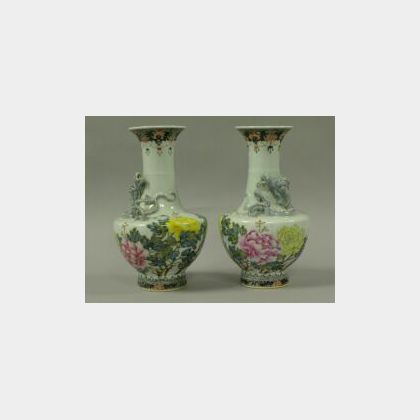 Pair of Chinese Dragon Mounted and Enamel Decorated Porcelain Vases. 
