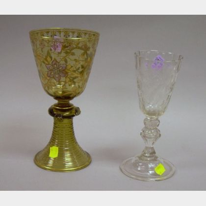 Bohemian Colorless Cut Glass Goblet and an Enamel Decorated Amber Glass Goblet. 