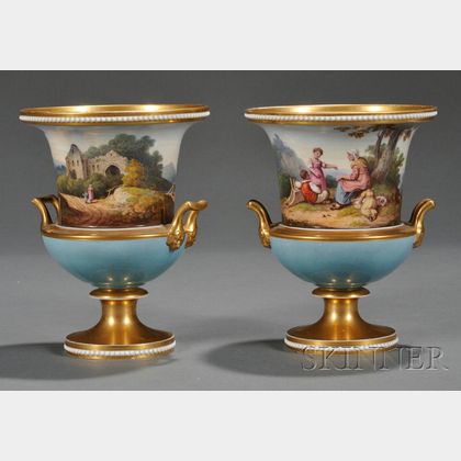 Pair of Small Paris Porcelain Hand-painted Mantel Urns