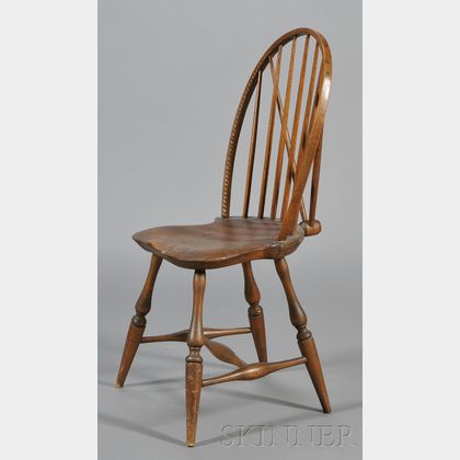Rare Carved and Braced Bow Back Windsor Side Chair
