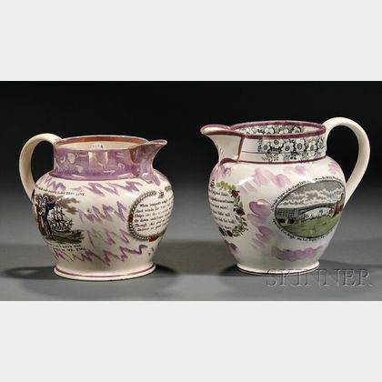 Two Sunderland Pink Lustre Transfer-decorated Pottery Jugs