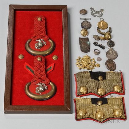 Marine Corps Shoulder Boards and Buttons and a Group of Mostly World War I German and British Medals, Buttons, and Insignia
