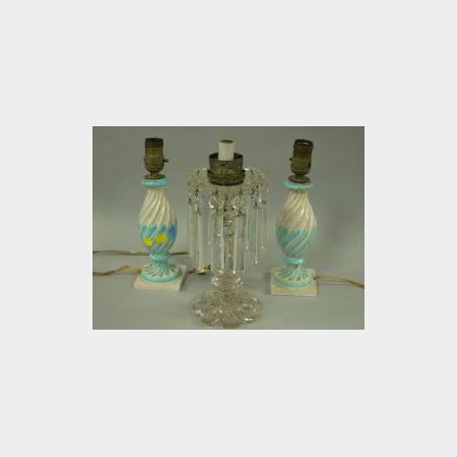 Pair of Italian Faience Boudoir Table Lamps and a Colorless Glass Lustre Lamp. 