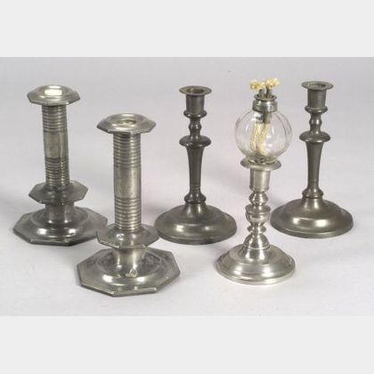 Five Pewter Candlesticks and a Glass Peg Lamp