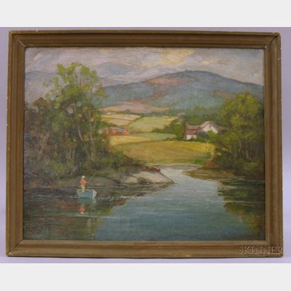 Framed 20th Century American School Oil on Canvasboard Landscape with Fisherman