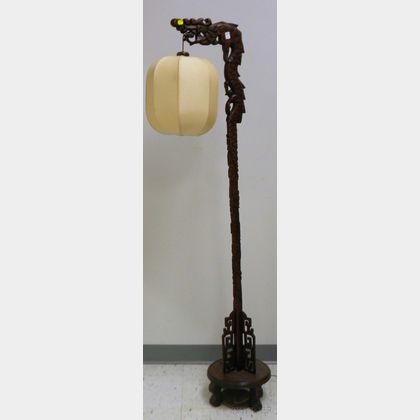 Asian Carved Hardwood Figural Floor Lamp with Lantern-form Hanging Cloth Shade