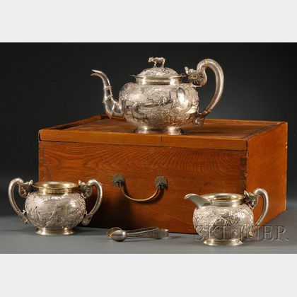 Cased Four-piece Chinese Export Silver Tea Set