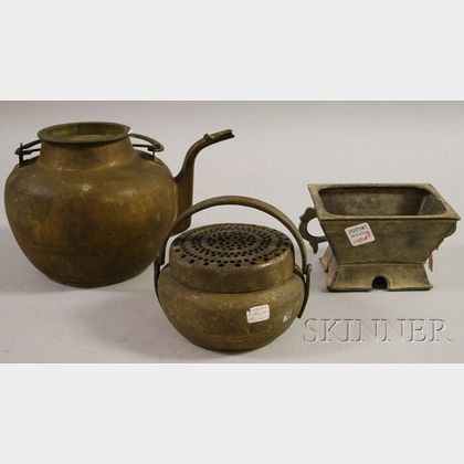 Two Chinese Metal Incense Burners and a Brass Teapot