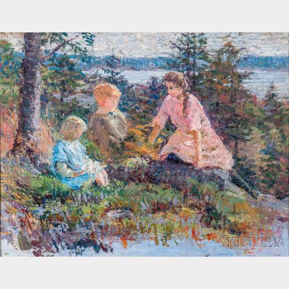 Isabelle H. Ferry (American, 1865-1937) Three Children on a Woodland Shore