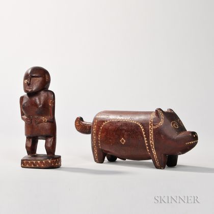 Wood Carvings of a Woman and a Pig