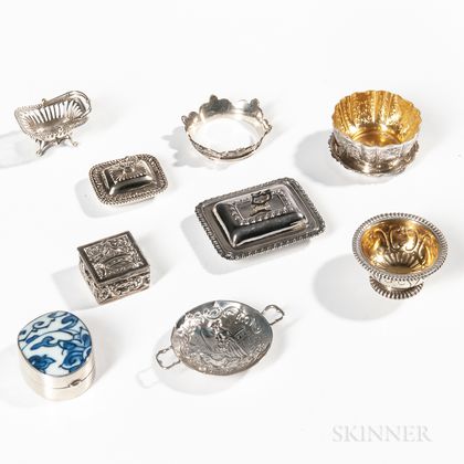 Seven Miniature Silver Serving Pieces and Two Small Boxes