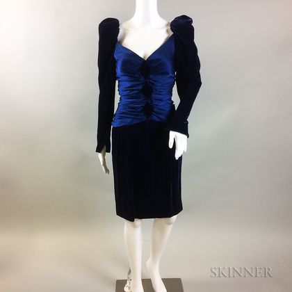 Retro Jacqueline De Ribes Blue Silk and Velvet Dress