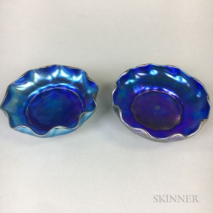 Two Blue Iridescent Art Glass Finger Bowls