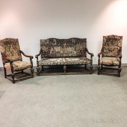 Three-piece Elizabethan-style Carved and Upholstered Fruitwood Parlor Set
