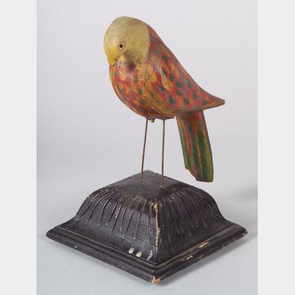 Carved and Painted Wooden Parrot on Stand