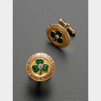 Pair of 1963 World Champion Boston Celtics 10kt Gold, Diamond, and Enameled Cuff Links