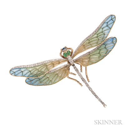18kt Gold, Plique-a-Jour Enamel, and Diamond Dragonfly Pendant/Brooch, Evelyn Clothier