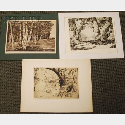 Lot of Three Landscape Etchings: Walter Ronald Locke (American, 1883-1983),"Along the Beaverkill" N.Y.
