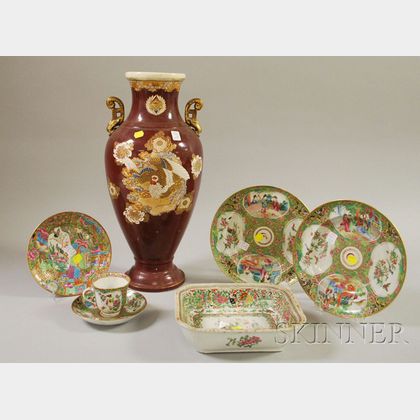 Six Pieces of Chinese Export Porcelain Rose Mandarin Tableware and a Late Satsuma Vase