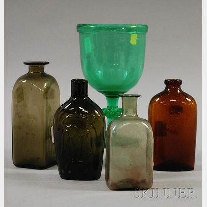 Four Colored Blown Molded Glass Flasks, Bottles, and a Green Blown Glass Goblet