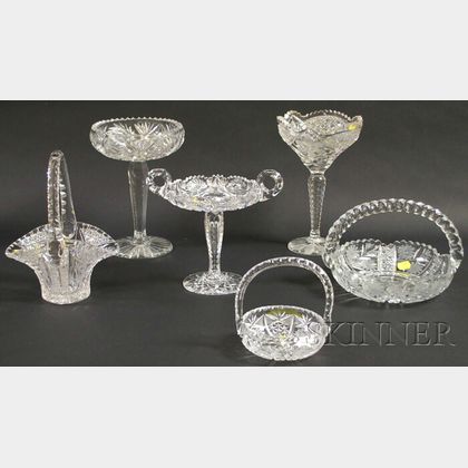 Three Colorless Cut Glass Baskets and Three Compotes