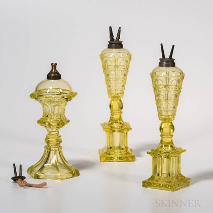 Three Canary Pressed Glass Sandwich Fluid Lamps