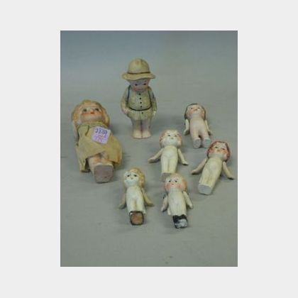 Seven Small Japanese Bisque Dolls and Figures. 