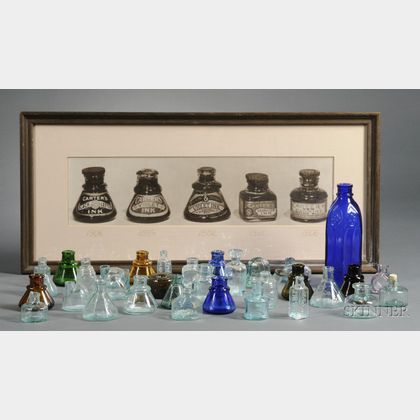 Collection of Thirty Glass Inkwells, a Carters Cobalt Blue Glass Master Ink Bottle, and a Framed Carters Ink ... 