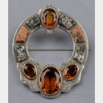 Large Victorian Silver, Granite, and Citrine Brooch