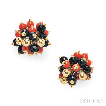 18kt Gold, Coral, and Onyx Earclips