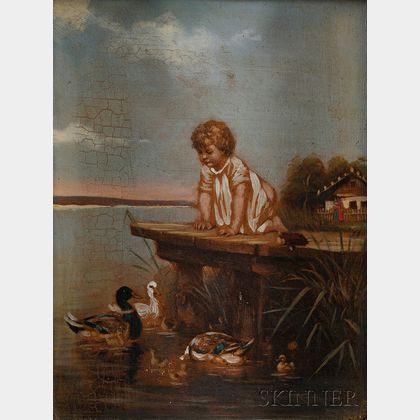 American School, 19th Century Portrait of a Child on a Dock Observing a Family of Ducks.