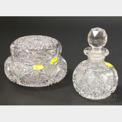 Colorless Cut Glass Cologne Bottle and Covered Dresser Box. 
