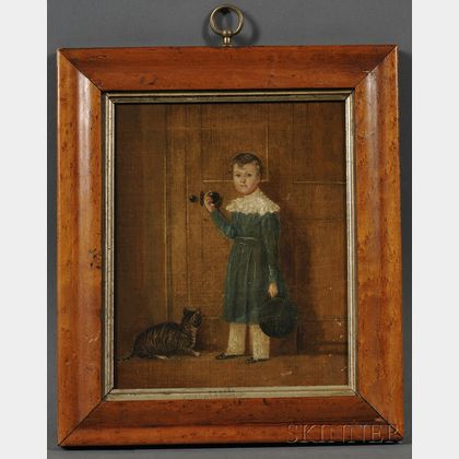 American School, 19th Century Small Portrait of a Boy Opening a Door, with His Tiger Cat Waiting