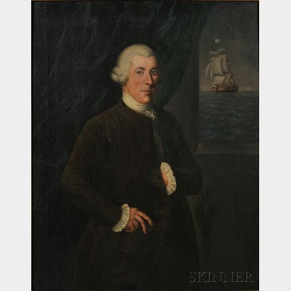 American School, Late 18th Century Portrait of a Ship Captain, with Distant Ship Flying an American Flag.