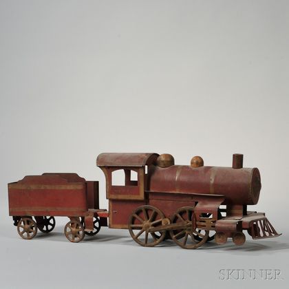 Red-painted Tin Toy Locomotive and Tender