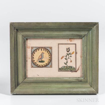 American School, Mid-19th Century Double Picture of a Bird and Flower