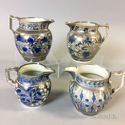 Four Silver Resist Lustre Ceramic Jugs with Blue Accents