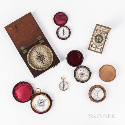 Six Pocket Compasses and a Diptych Sundial