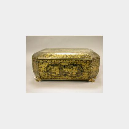 Chinese Export Gilt Decorated Black Lacquer Sewing Box
