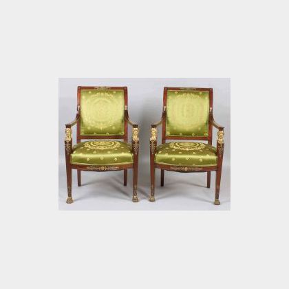 Pair French Second Empire Parcel Gilt and Gilt Bronze Mounted Mahogany Fauteuils