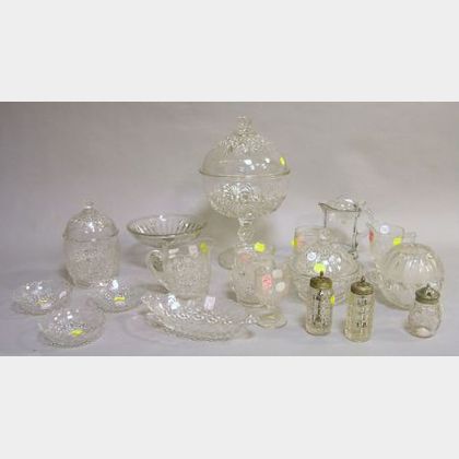Eight Pieces of Colorless Pressed Rosette and Palms Pattern Glass Tableware and Ten Pieces of Assorted Colorless Pressed Glass Tablewar