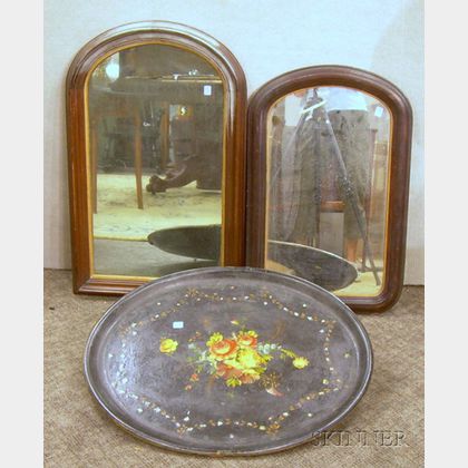 Late Victorian Oval Mother-of-pearl Inlaid and Floral Painted Papier-mache Tray and Two Arch-top Framed Mirrors... 